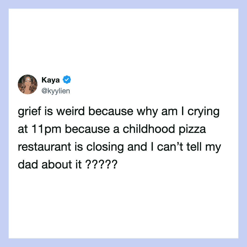 Kaya's tweet about crying at 11pm over a childhood pizza restaurant closing.