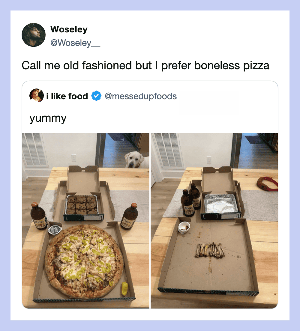 Comparison of a pizza with toppings and a boneless pizza in a box.