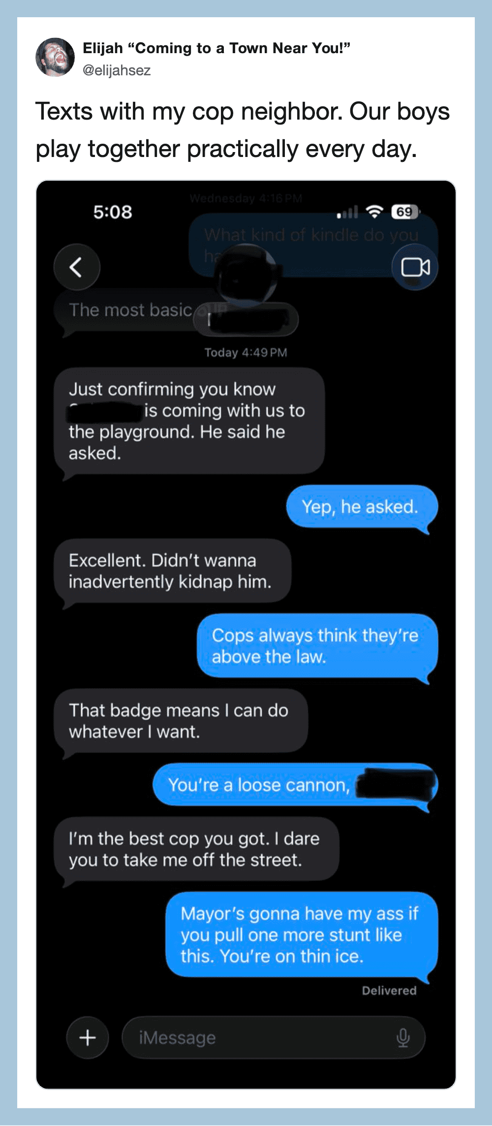 Text conversation about a child being kidnapped, with police and neighbor comments.