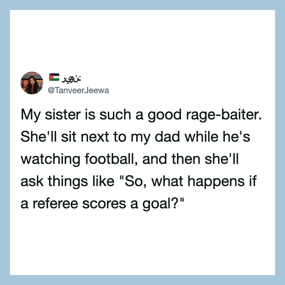 Tweet about sister sitting next to dad watching football and asking about referee scoring.