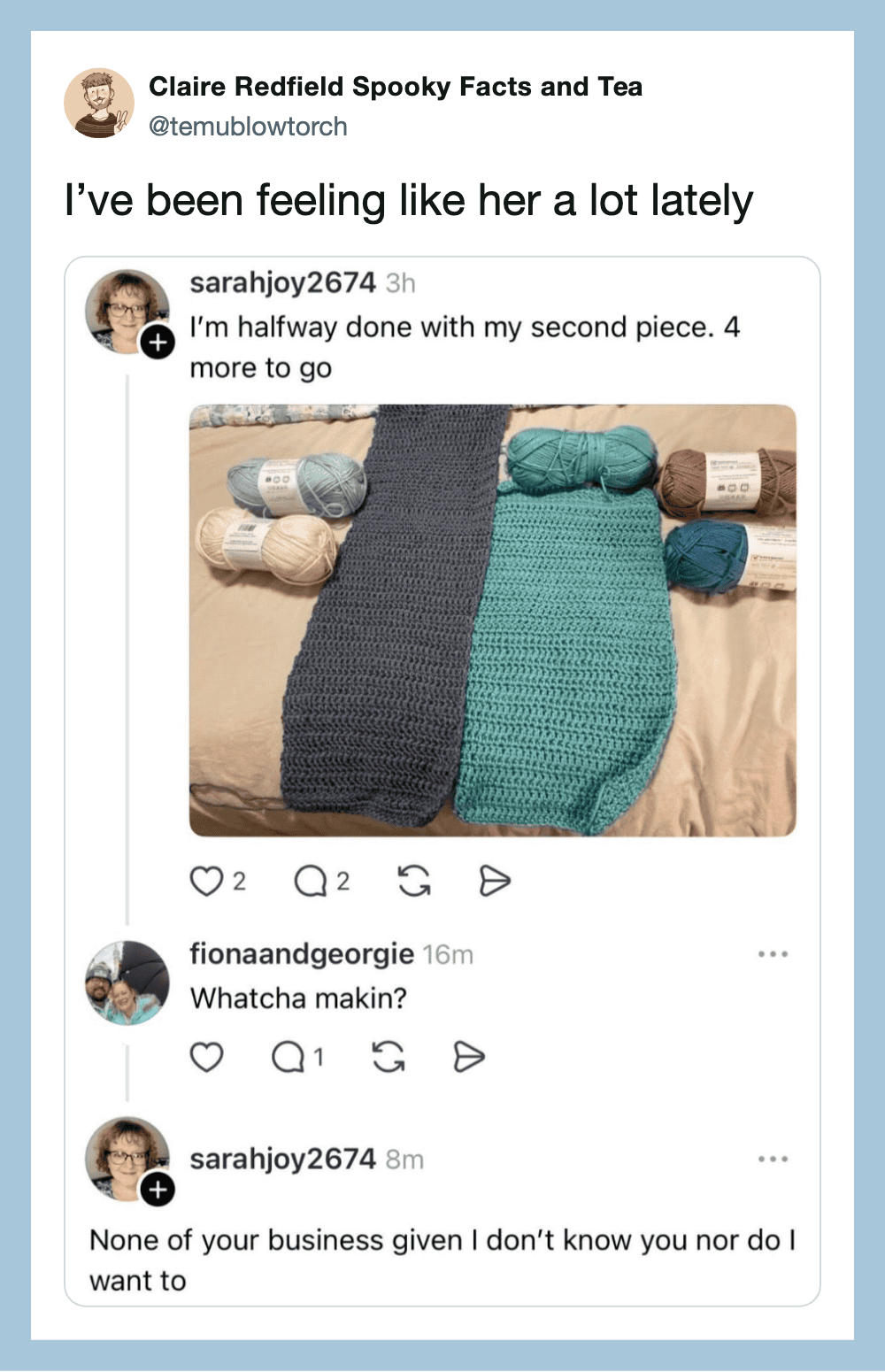 Screenshot of a Twitter conversation about knitting, showing yarn and a partially knitted sock.