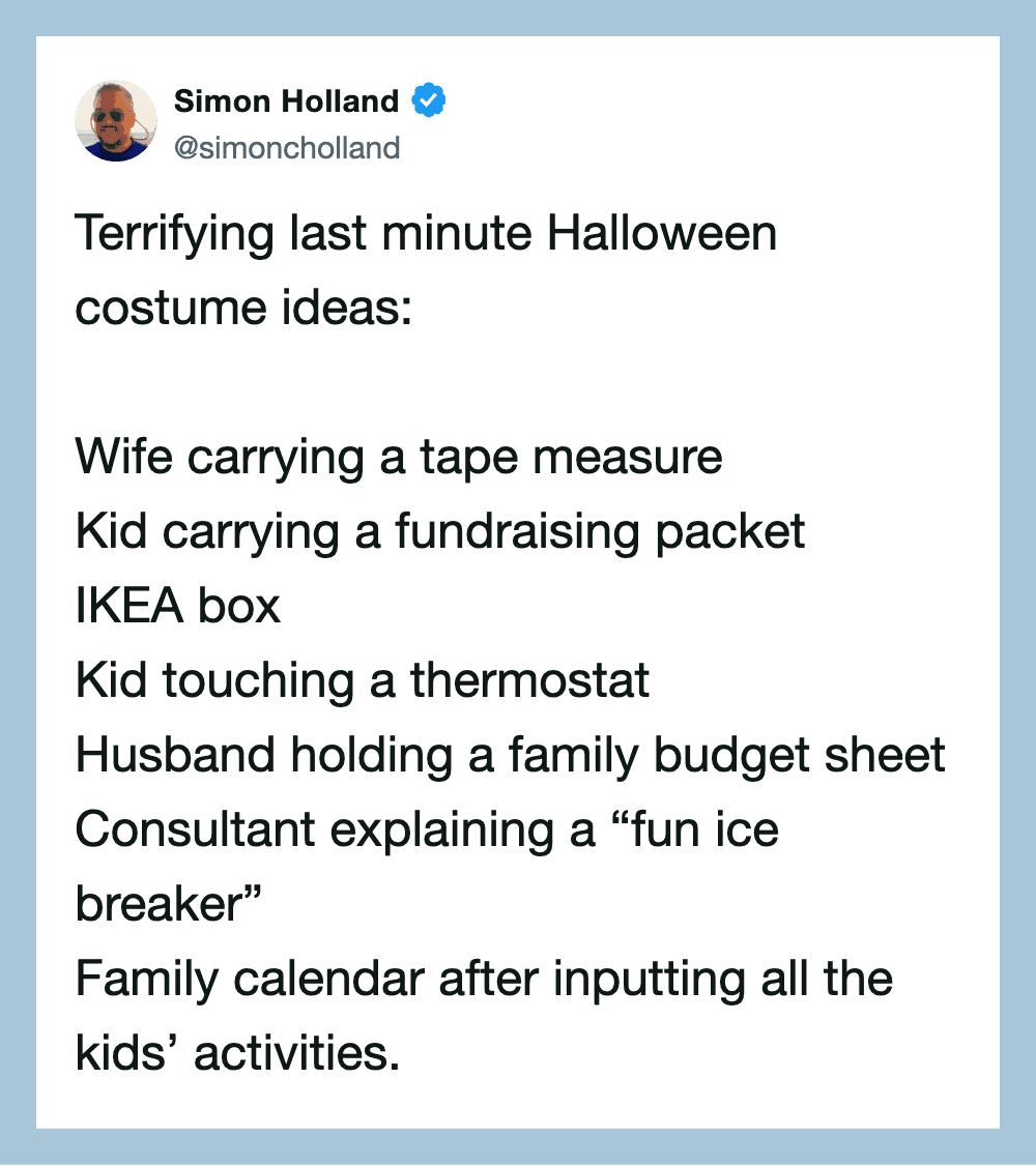 Twitter post by Simon Holland about Halloween costume ideas, including wife with tape measure and a家.