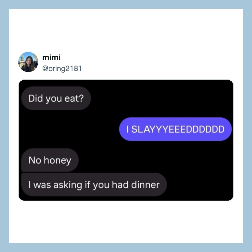 Twitter conversation about dinner with a humorous reply.