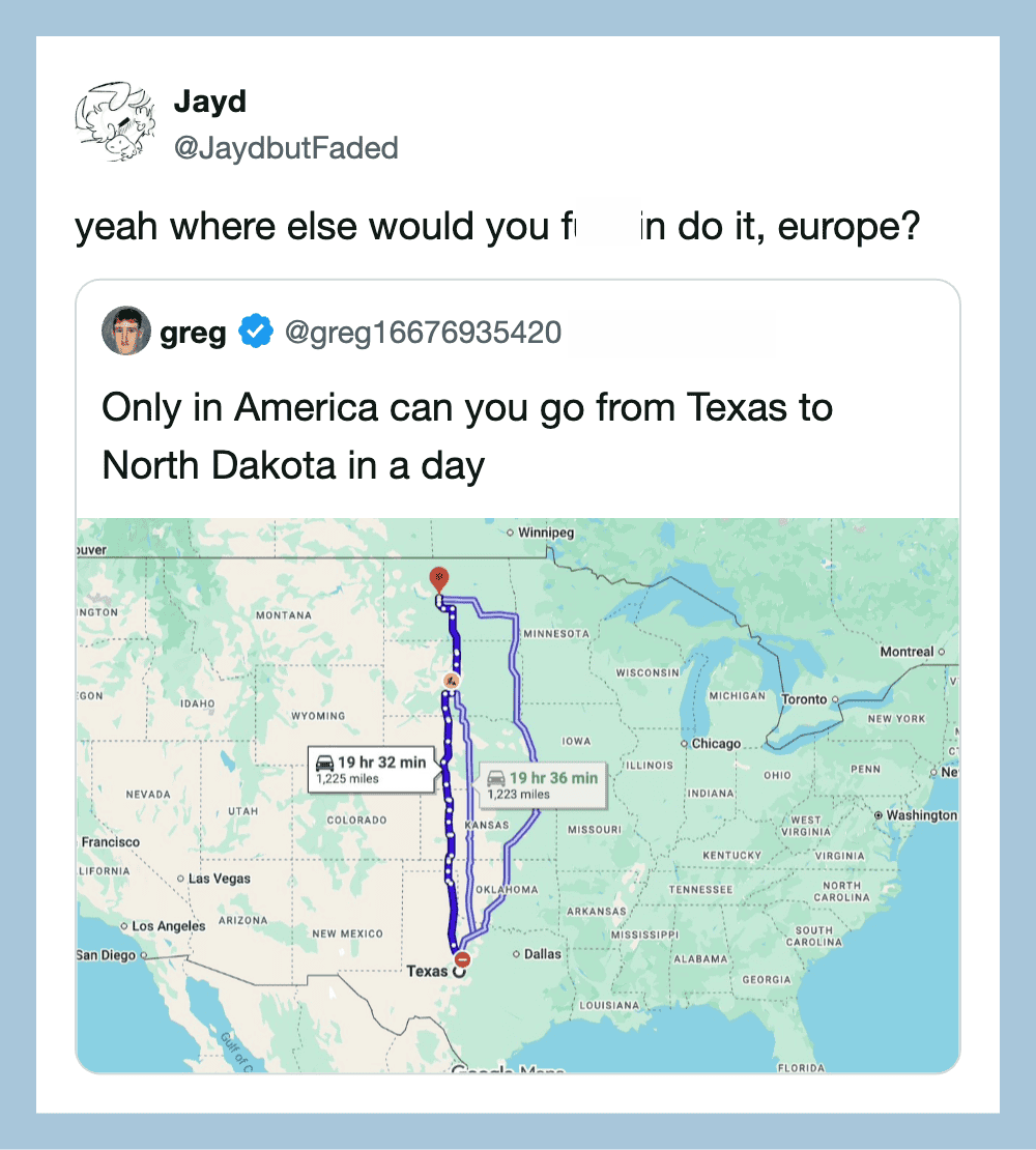 Twitter post showing a map from Texas to North Dakota with a humorous caption.