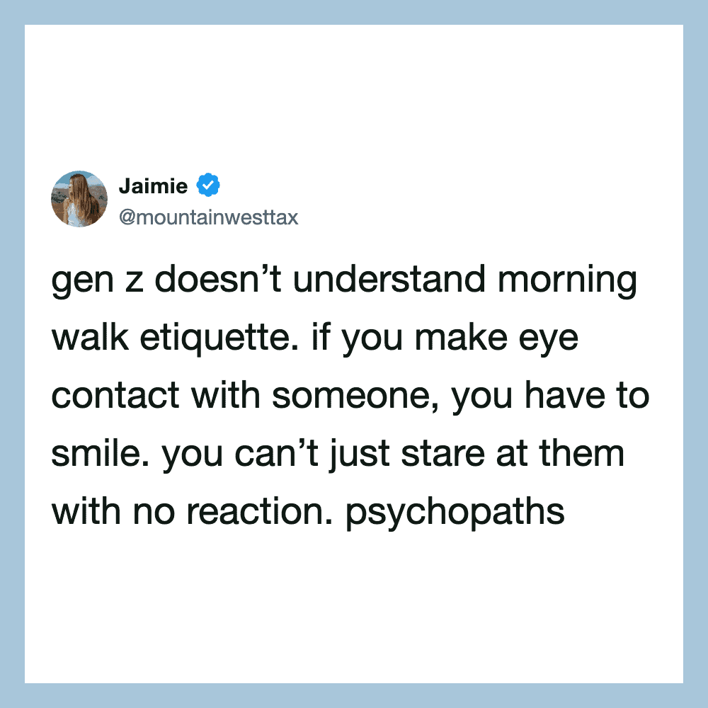 Twitter post by Jaime about morning walk etiquette and eye contact.