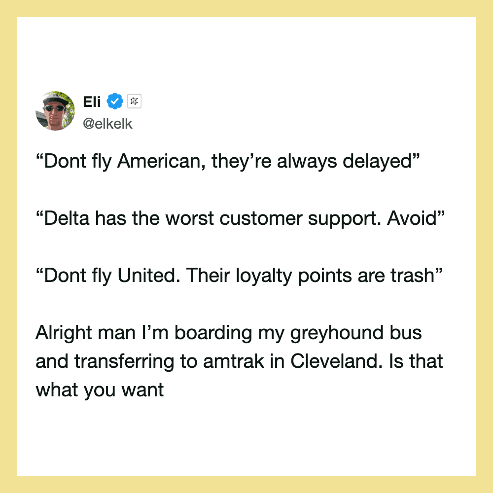 Screenshot of a tweet by Eli with quotes about airlines and a person boarding a bus.