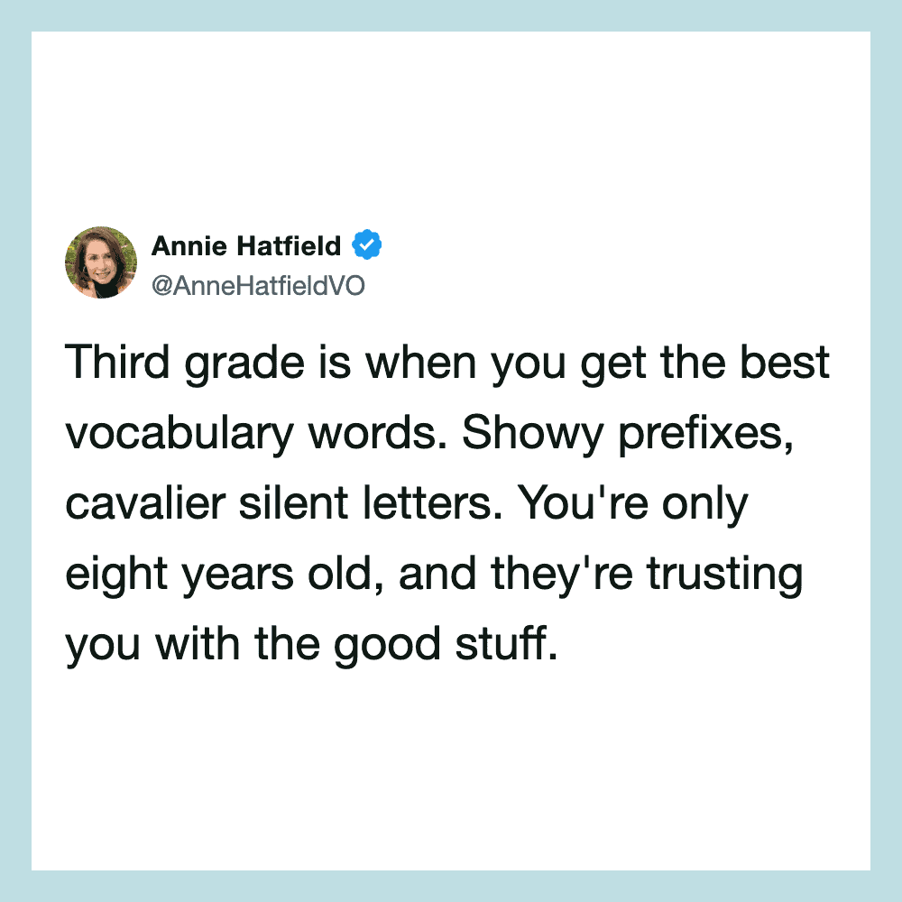 Annie Hatfield tweet about third grade vocabulary words and showy prefixes.