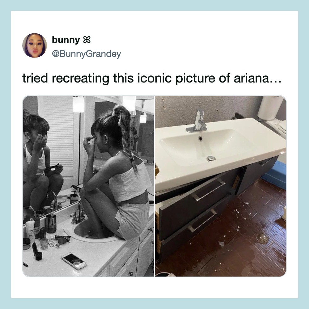 Side-by-side photos of a girl doing makeup and a bathroom sink with water on the floor.