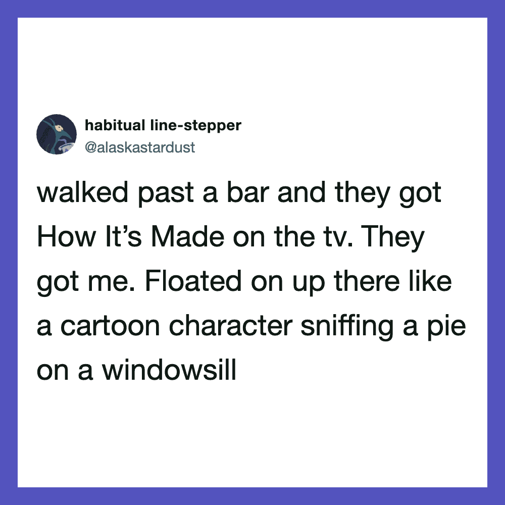 Twitter post about a bar and a cartoon character sniffing a pie on a windowsill.