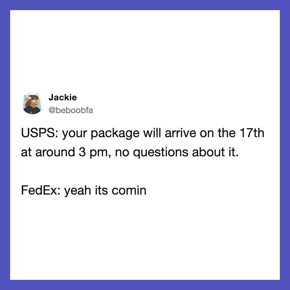 Twitter post by Jackie about USPS and FedEx delivery times.