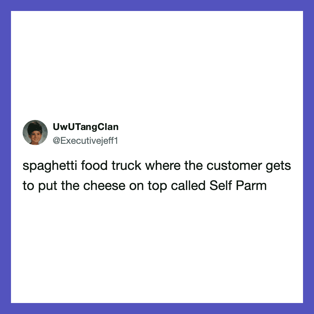 Spaghetti food truck where the customer gets to put the cheese on top called Self Parm.
