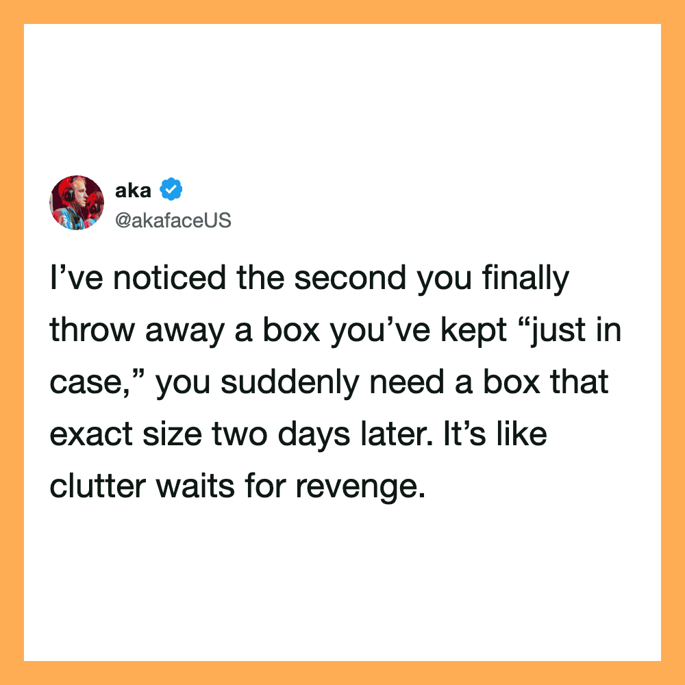 Twitter post by aka about throwing away a box and needing a second one.