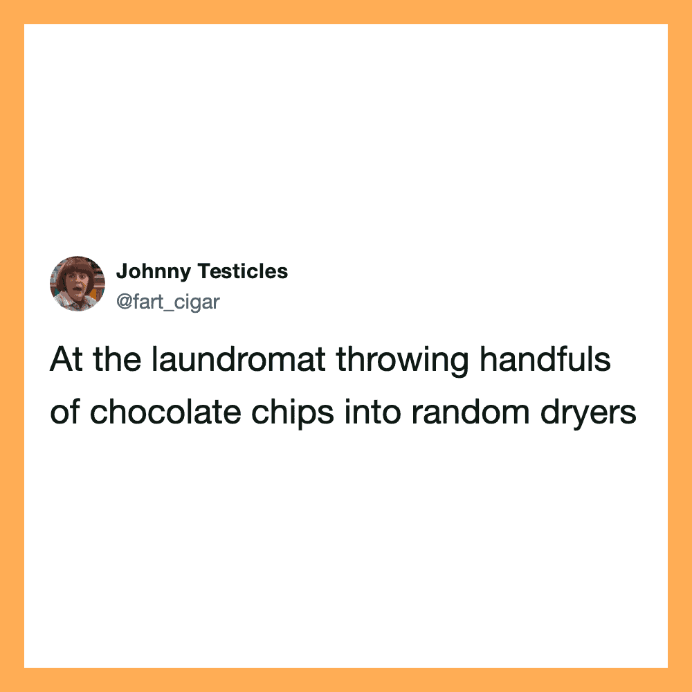 Johnny Testicles tweet about throwing chocolate chips into dryers.