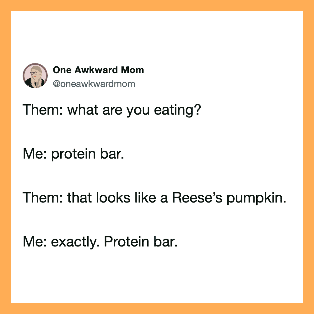 Twitter post about eating a protein bar that looks like a Reese's pumpkin.