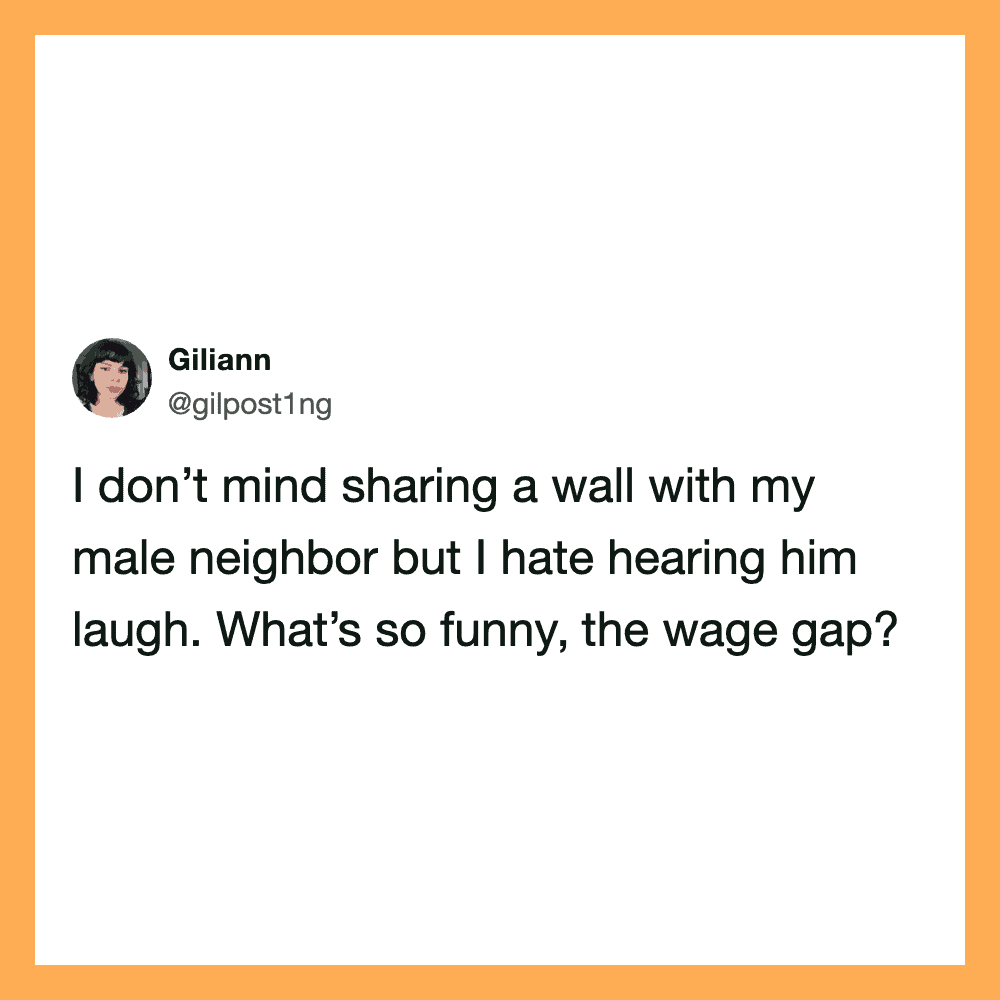Tweet by Giliann about sharing a wall with a male neighbor and hearing him laugh.