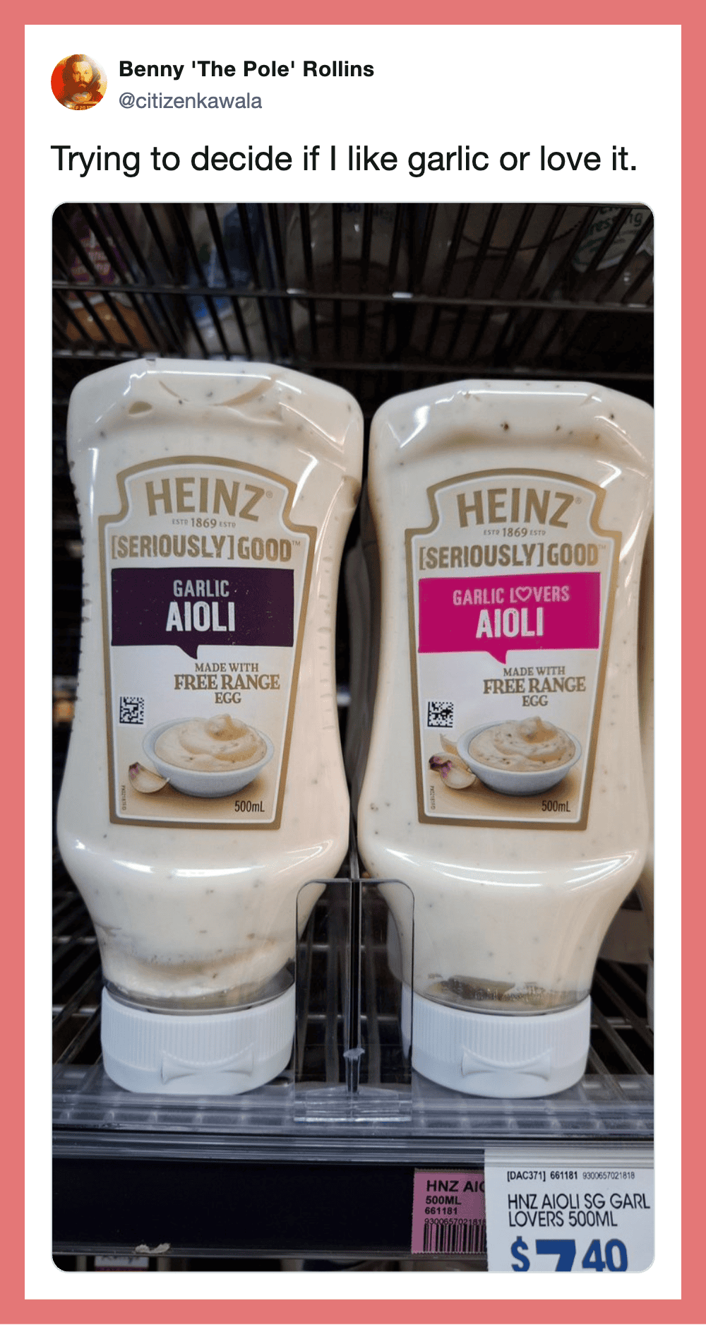 Two Heinz garlic aioli bottles in a supermarket basket.