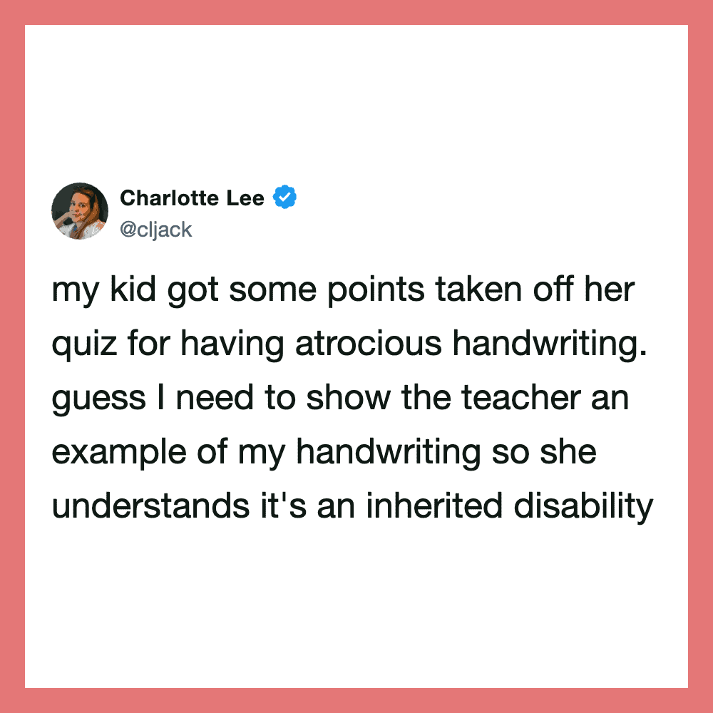 Charlotte Lee's tweet about her kid getting points off her handwriting quiz.