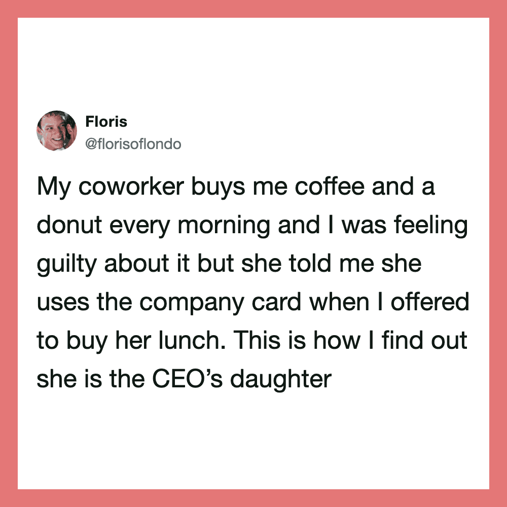 A tweet from Floris about a coworker buying coffee and a donut.