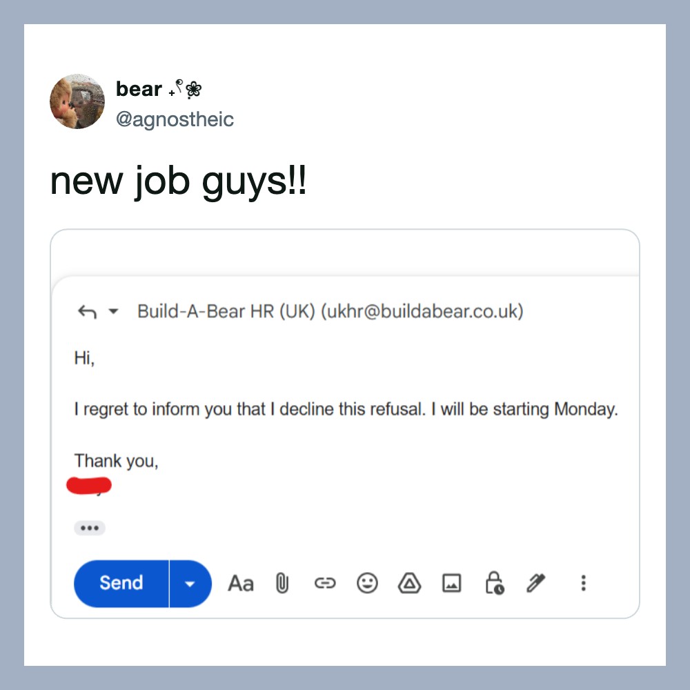 Screenshot of an email declining a job offer, with the subject 'Build-A-Bear HR UK' and the message:.
