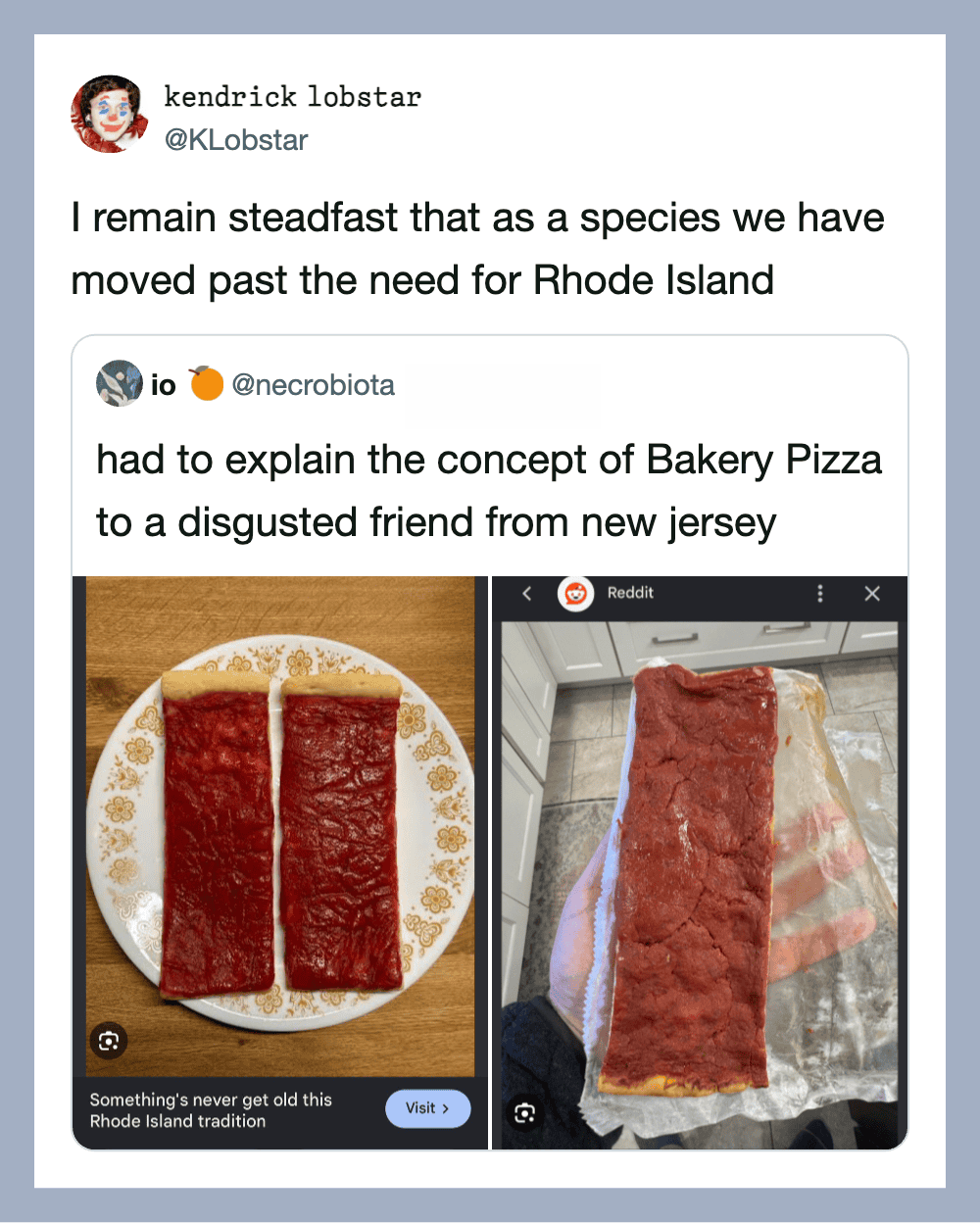 Two images of a pizza with a red sauce topping, one cooked and one raw, with a tweet about Rhode I.