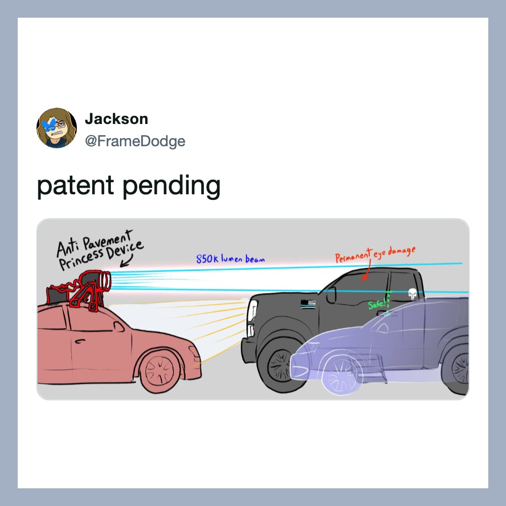 Car with anti-pavement princess device emitting 850k lumen beam, causing permanent eye damage.