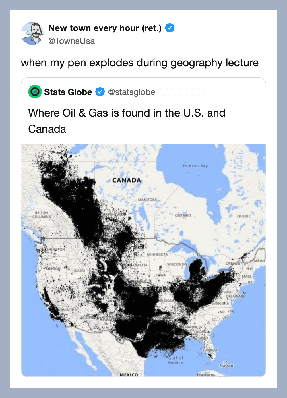 Map of oil and gas locations in the U.S. and Canada with black dots.