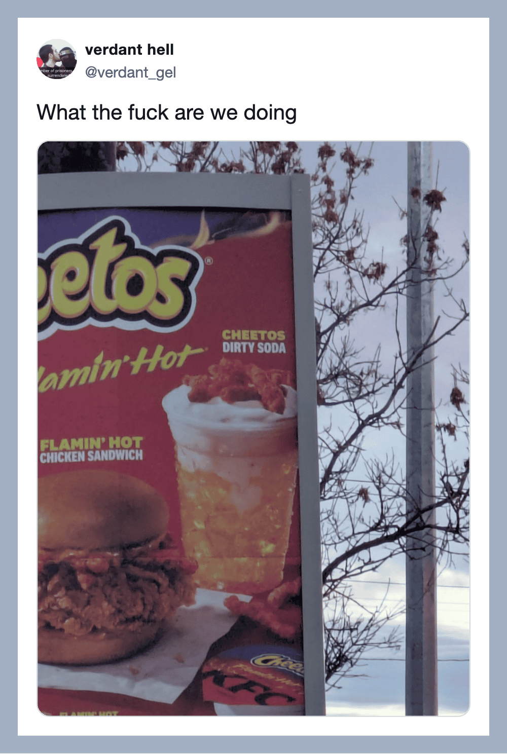 Sign advertising Cheetos Flamin' Hot chicken sandwich and drink, with trees and sky in background.