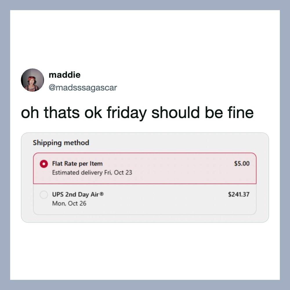 Twitter post by maddie about shipping costs and delivery dates.