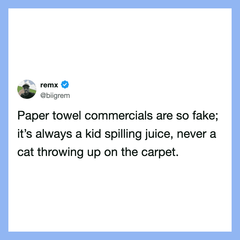 Paper towel commercials are so fake; it’s always a kid spilling juice, never a cat throwing up onthe.