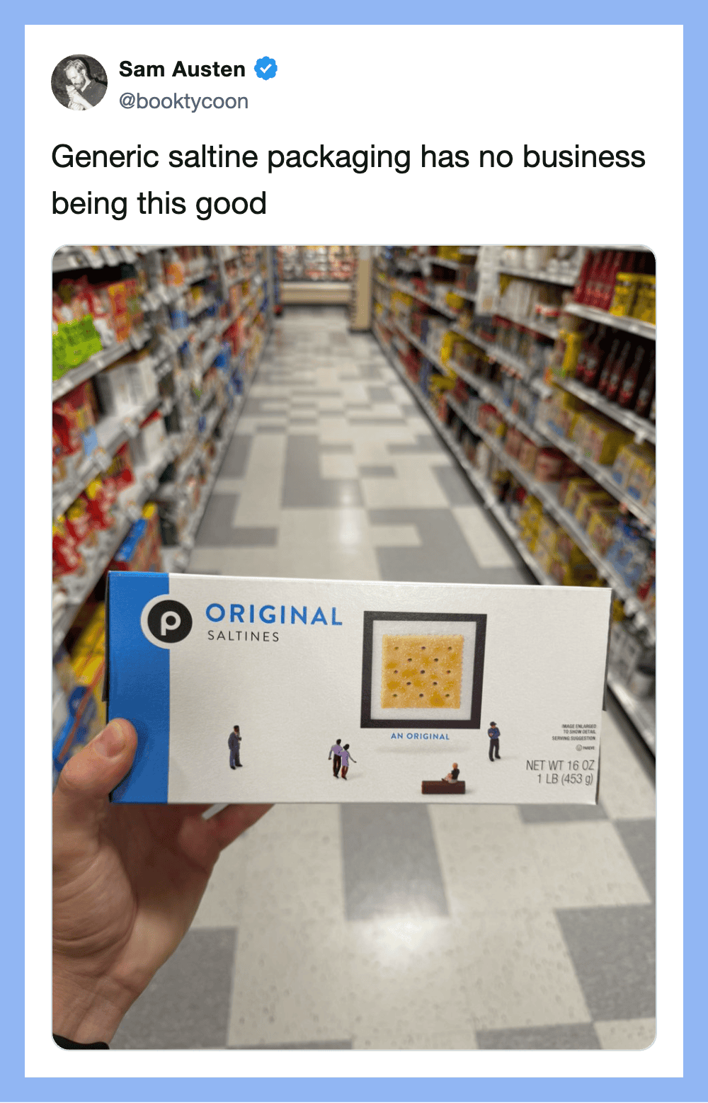Generic saltine packaging in a grocery store aisle.