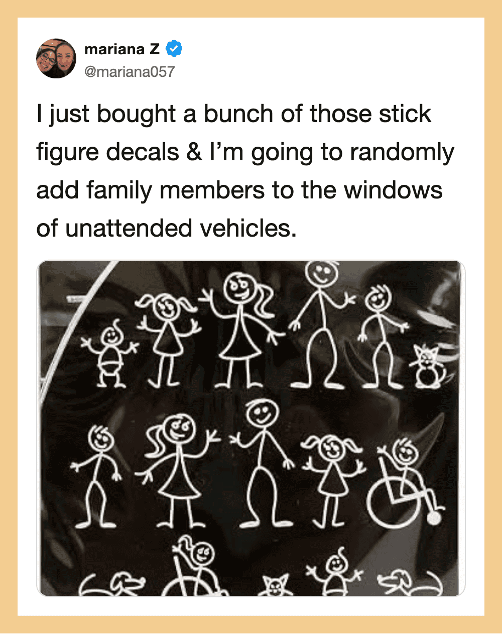 Mariana Z tweet about buying stick figure decals and adding family members to car windows; image of.