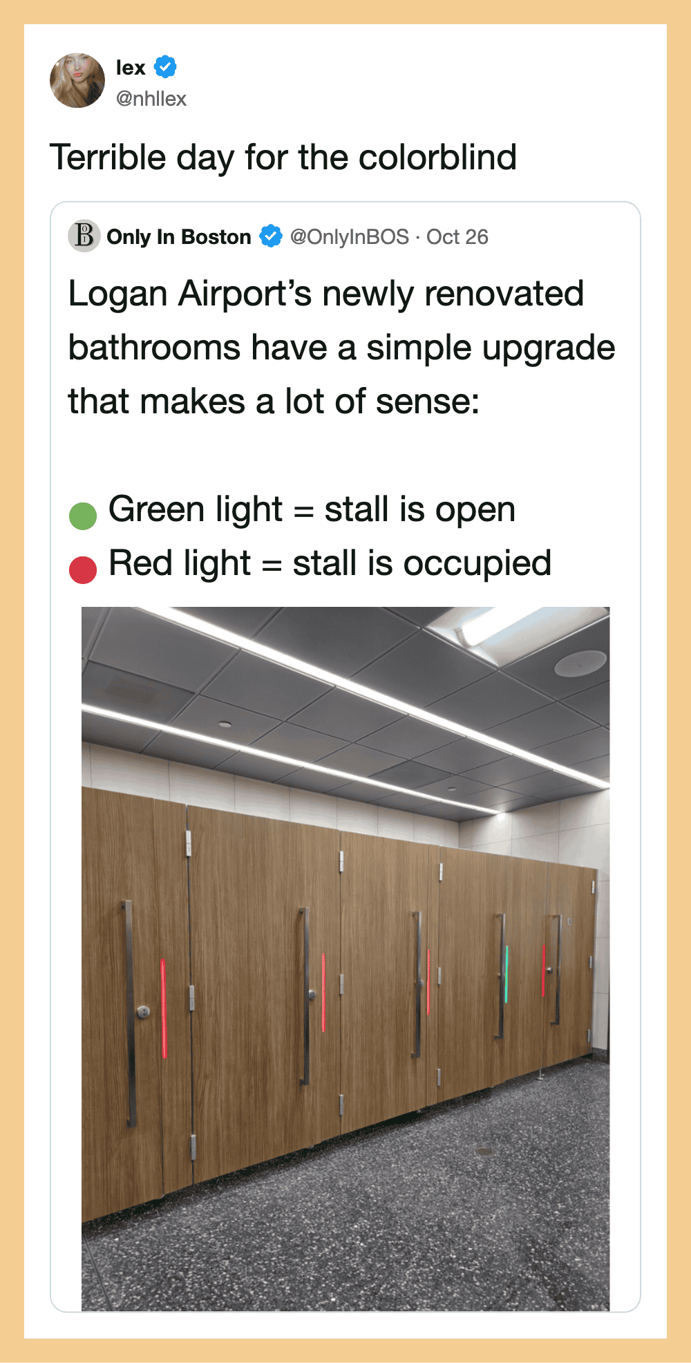 Terrible day for the colorblind. Logan Airport’s newly renovated bathrooms have a simple upgrade: a.