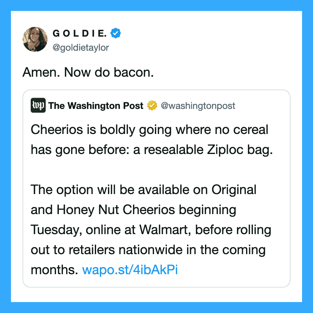 Amen. Now do bacon. The Washington Post post about Cheerios bag available on Original and Honey Nut,.