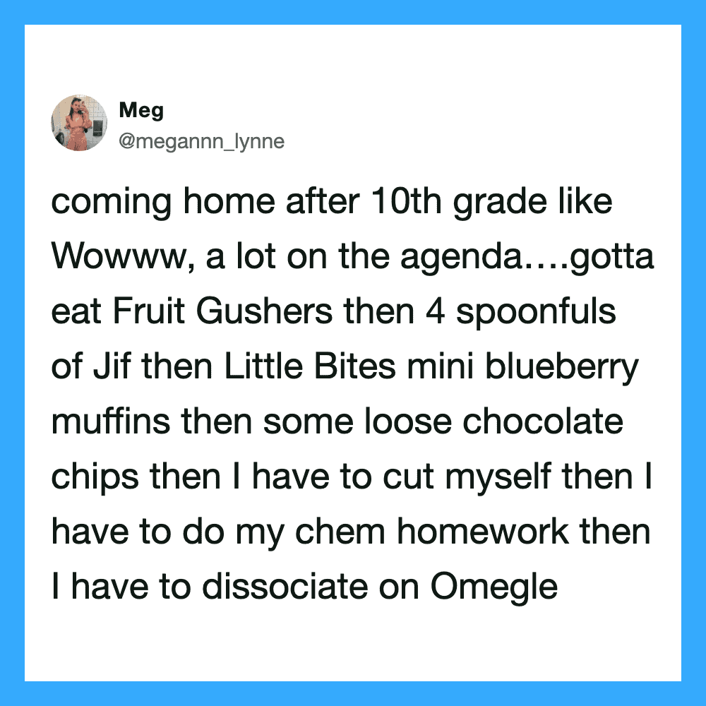 A Twitter-like post by Meg, detailing a humorous list of items about coming home after 10th grade, l.
