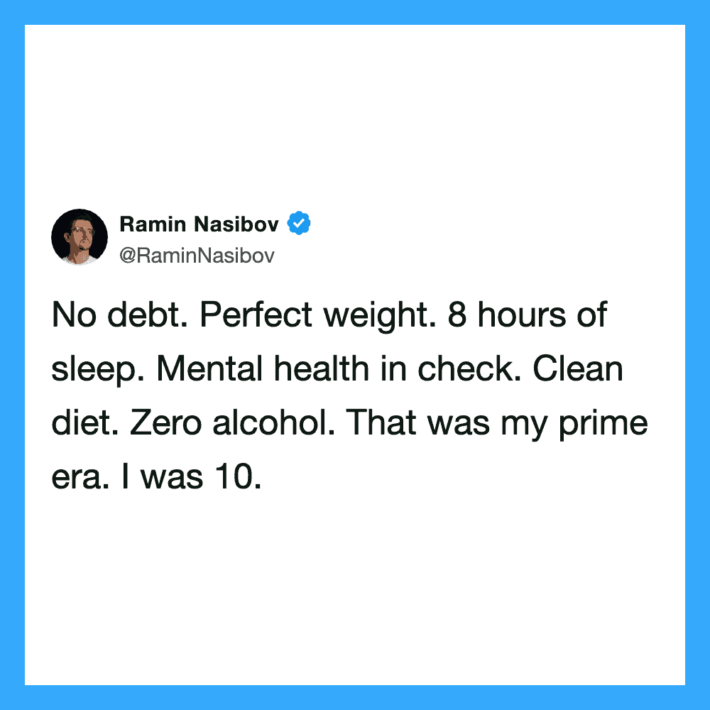 Ramin Nasibov tweet about debt, sleep, mental health, diet, and alcohol, claiming perfection age 10.