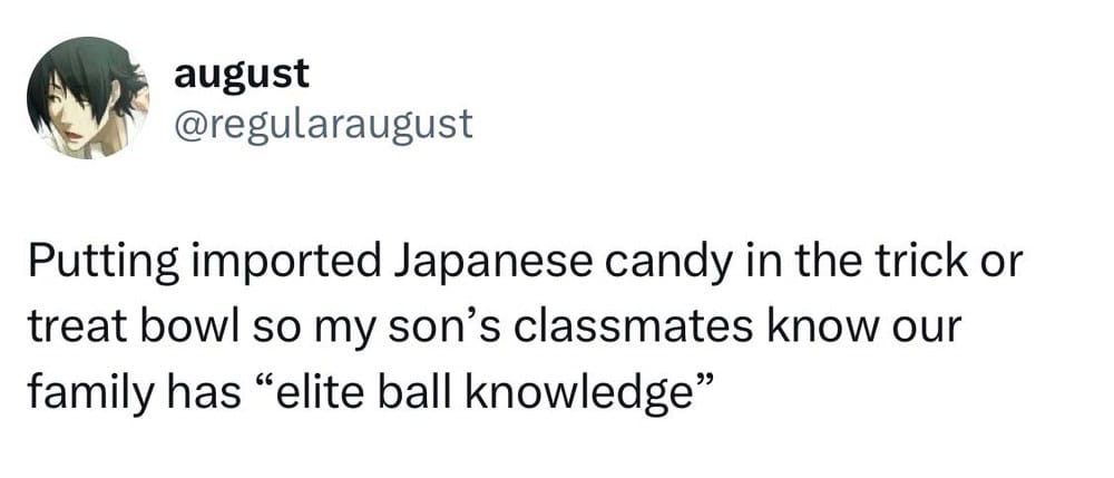 Putting imported Japanese candy in the trick or treat bowl so my son’s classmates know our family as.