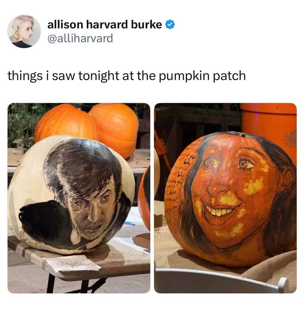 Allison Harvard Burke pumpkin with painted faces: left shows a black-and-white portrait, right shows.