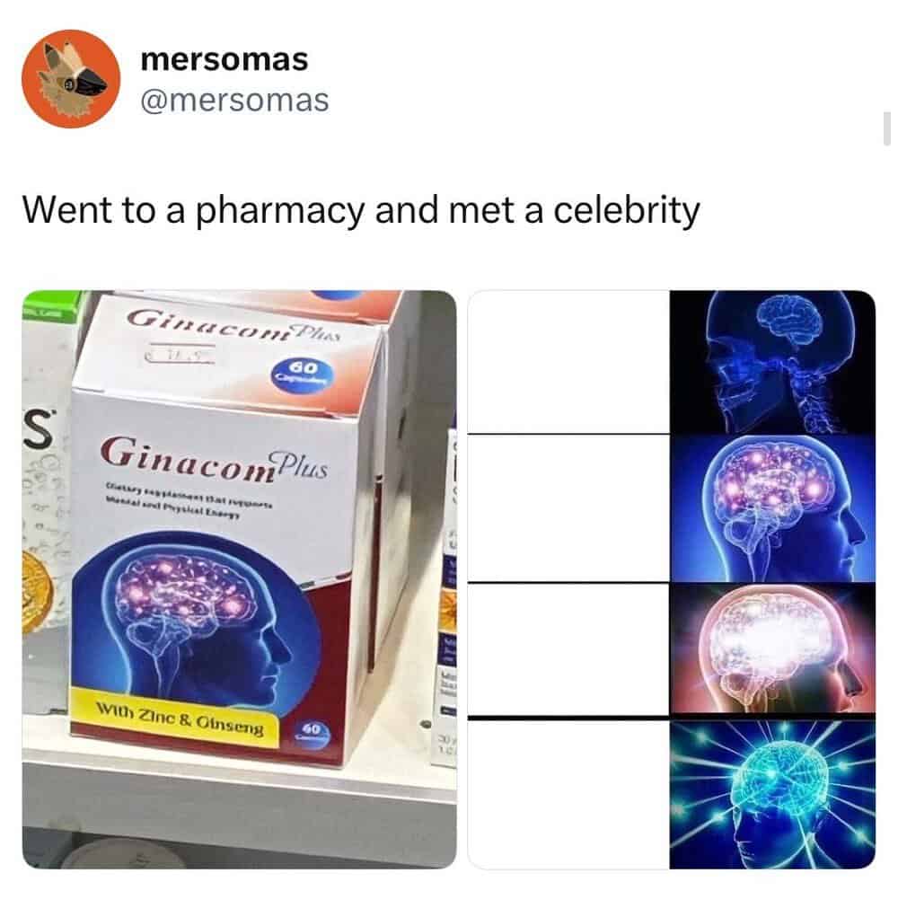 Went to a pharmacy and met a celebrity - Ginacom Plus box with brain imagery display on shelf.