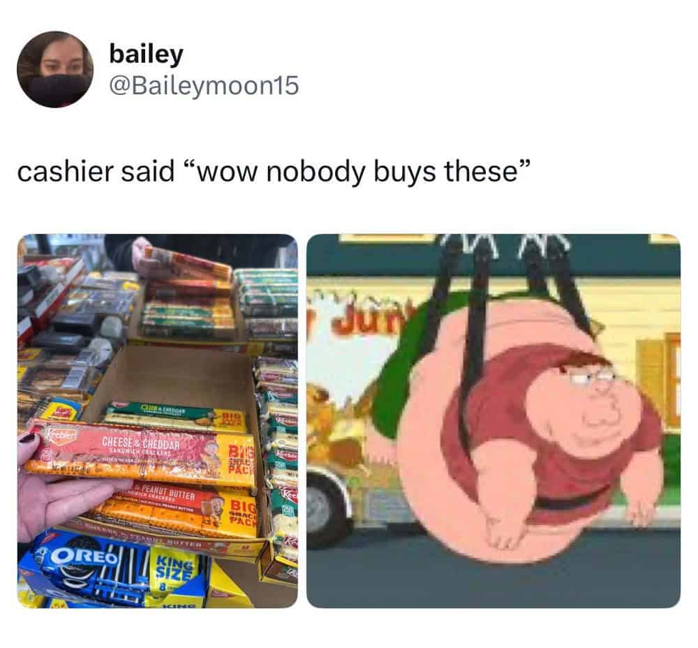 Cashier said “wow nobody buys these” with a photo of assorted snack bars and a cartoon character in/.