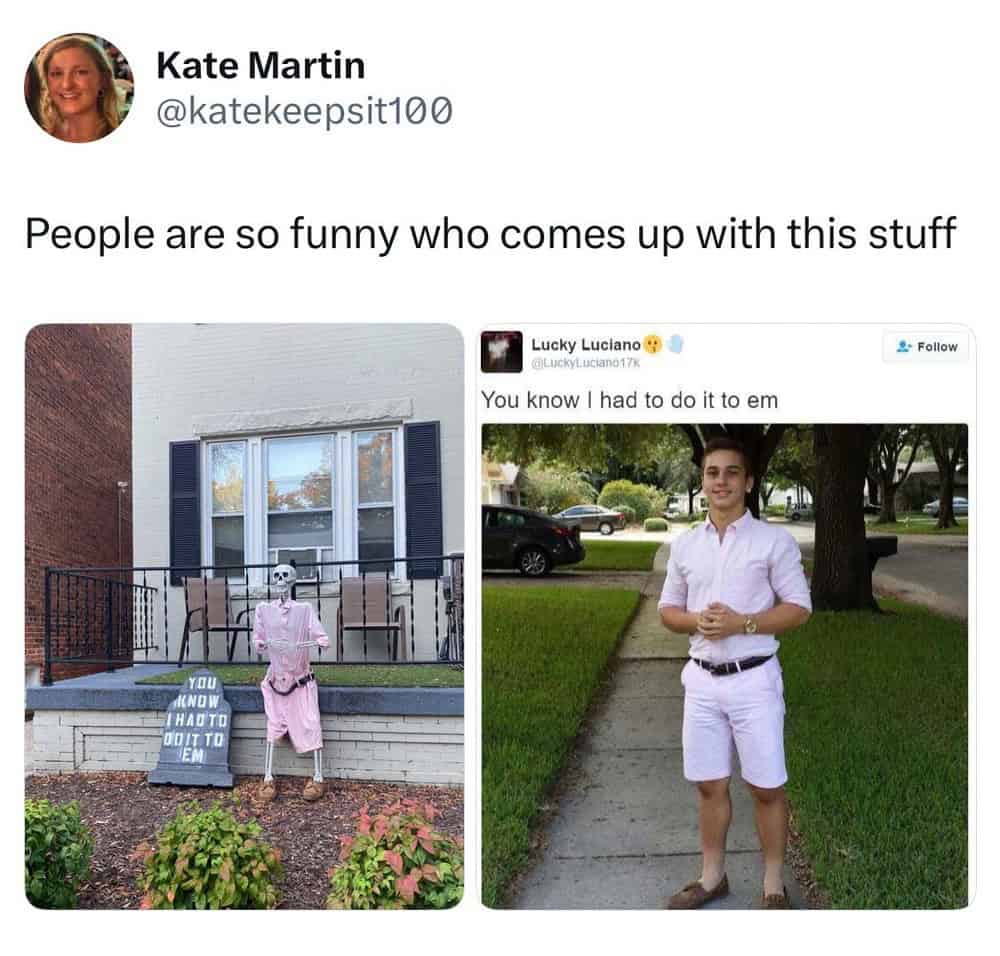People are so funny who comes up with this stuff - image shows a skeleton figure in pink dress on a.