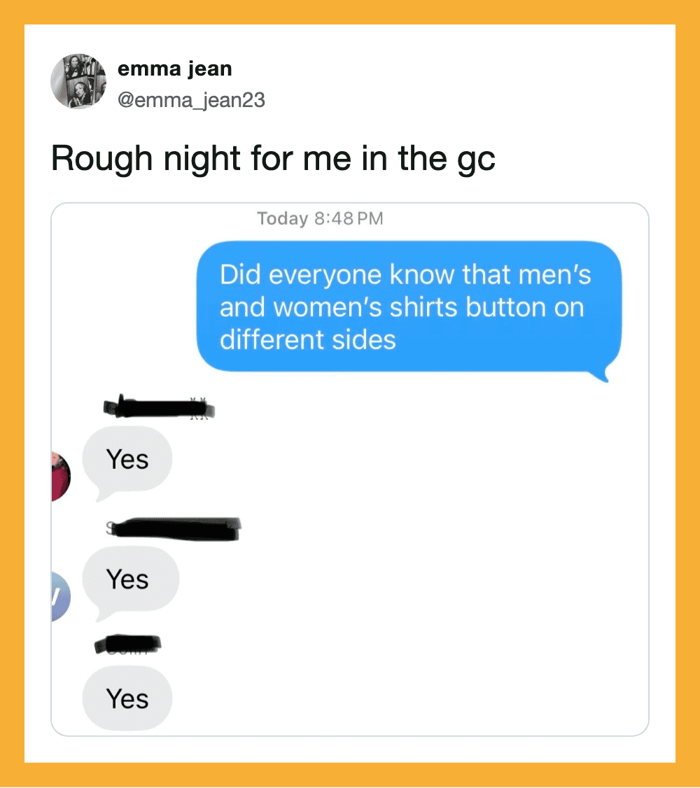 Emma jean tweet: 'Rough night for me in the gc' with a chat screenshot showing a blue message: 'Didy.