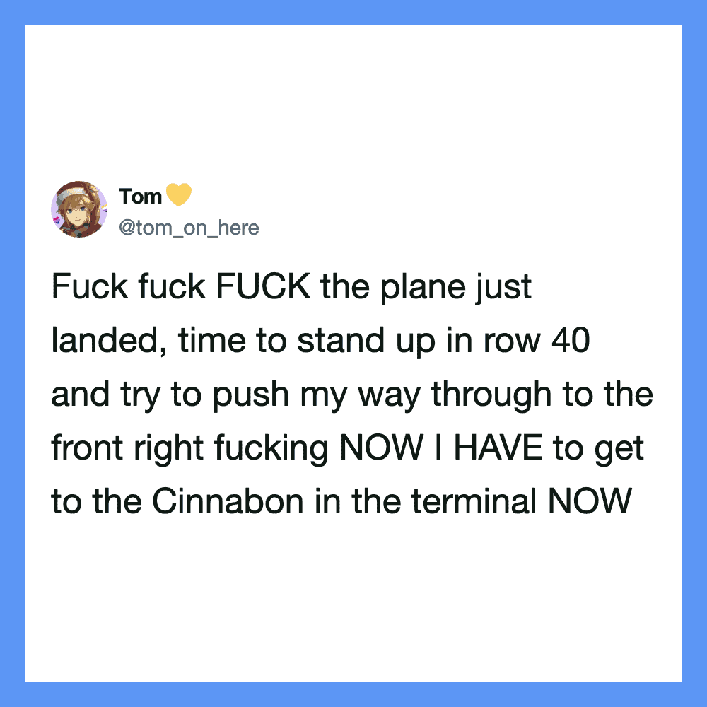 Twitter post by Tom about plane landing and rushing to Cinnabon.