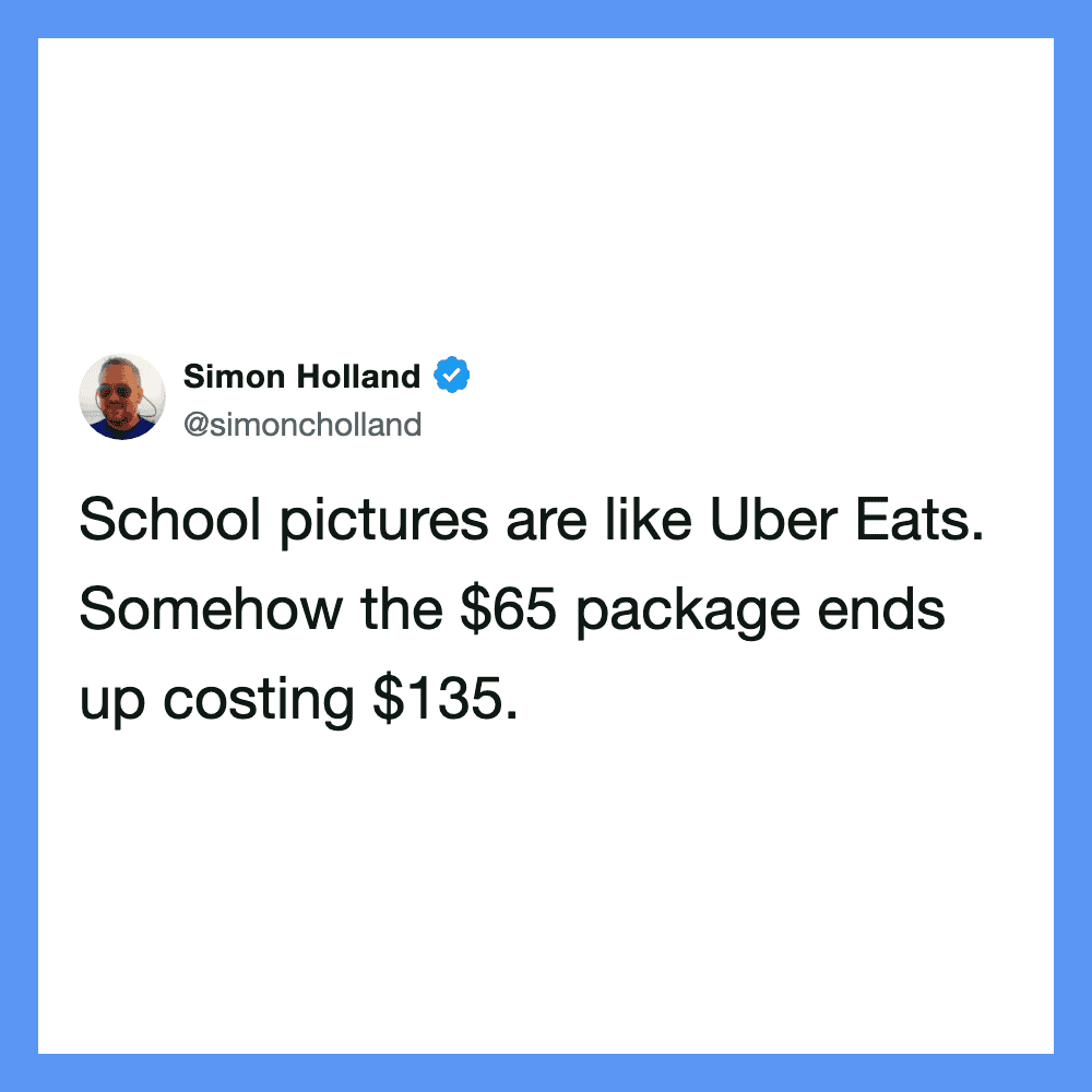 Simon Holland's tweet about school pictures and Uber Eats costs.