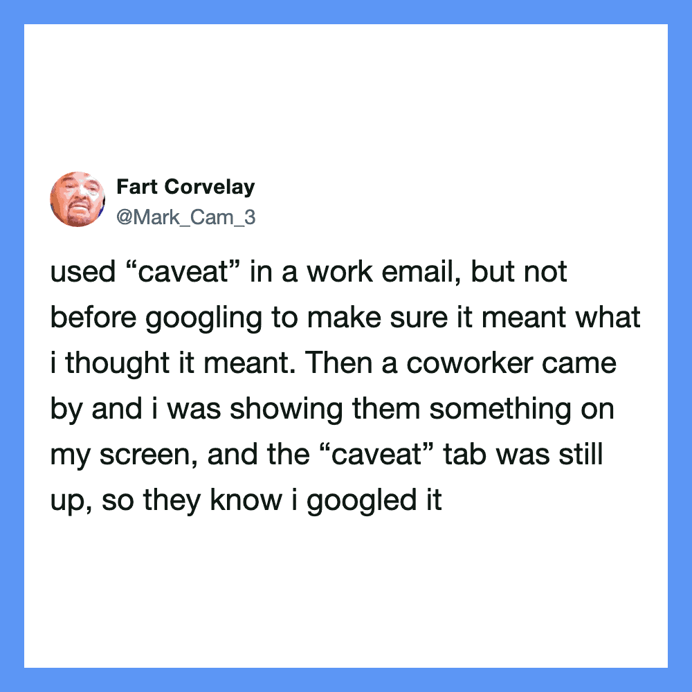 Fart Corvelay's tweet about using 'caveat' in a work email and googling it.