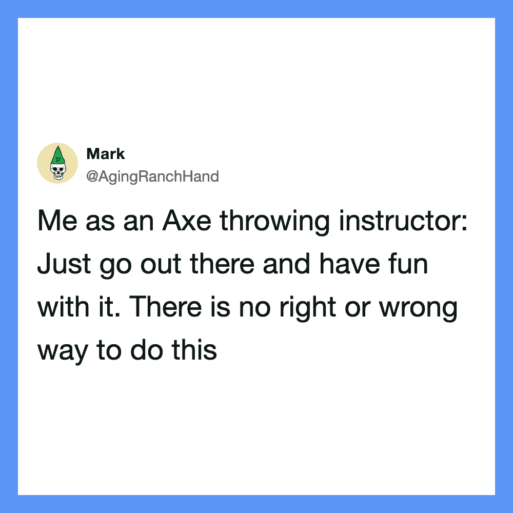 Twitter post by Mark about axe throwing as a fun activity.