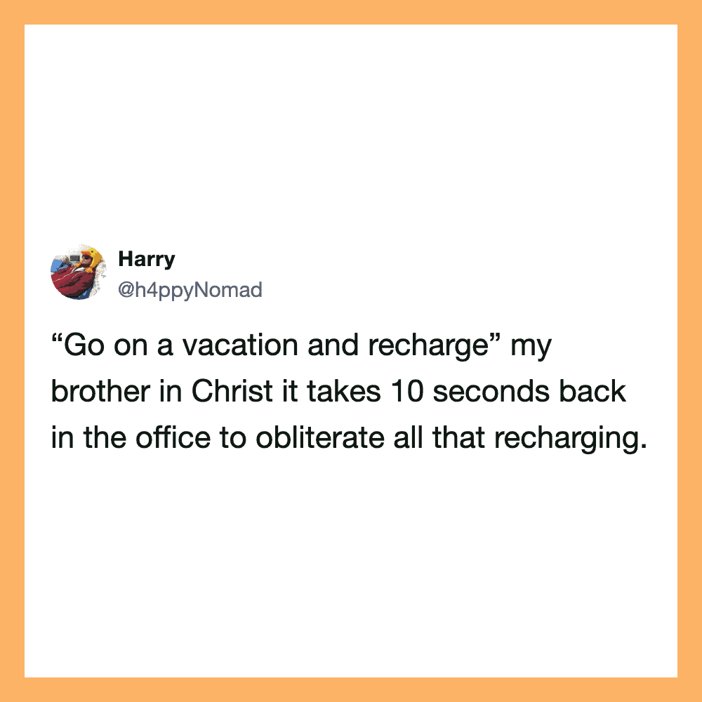 Tweet by Harry about brother in Christ taking 10 seconds to recharge at work.