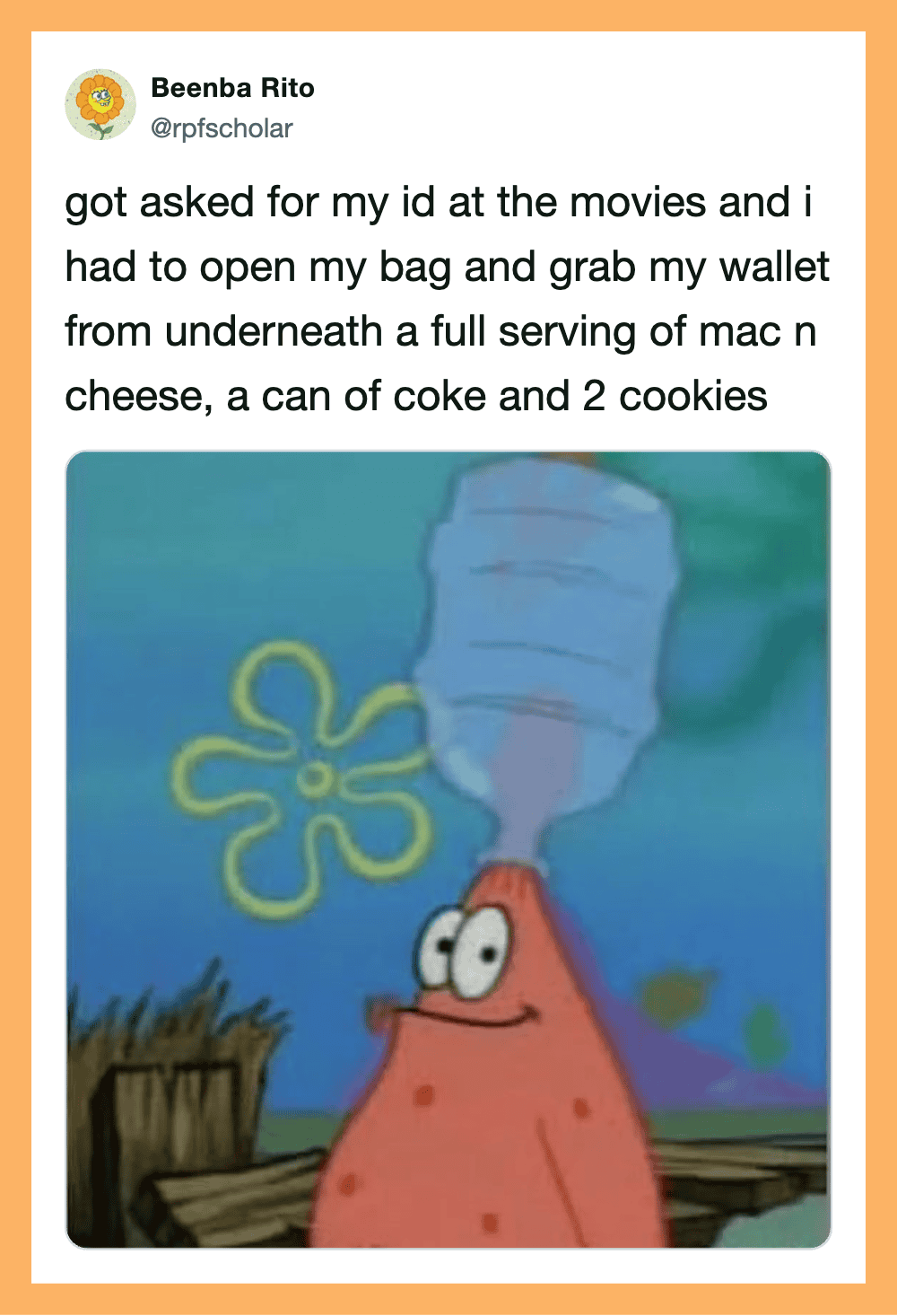 Patrick from SpongeBob with a face mask, holding a full bag of snacks.