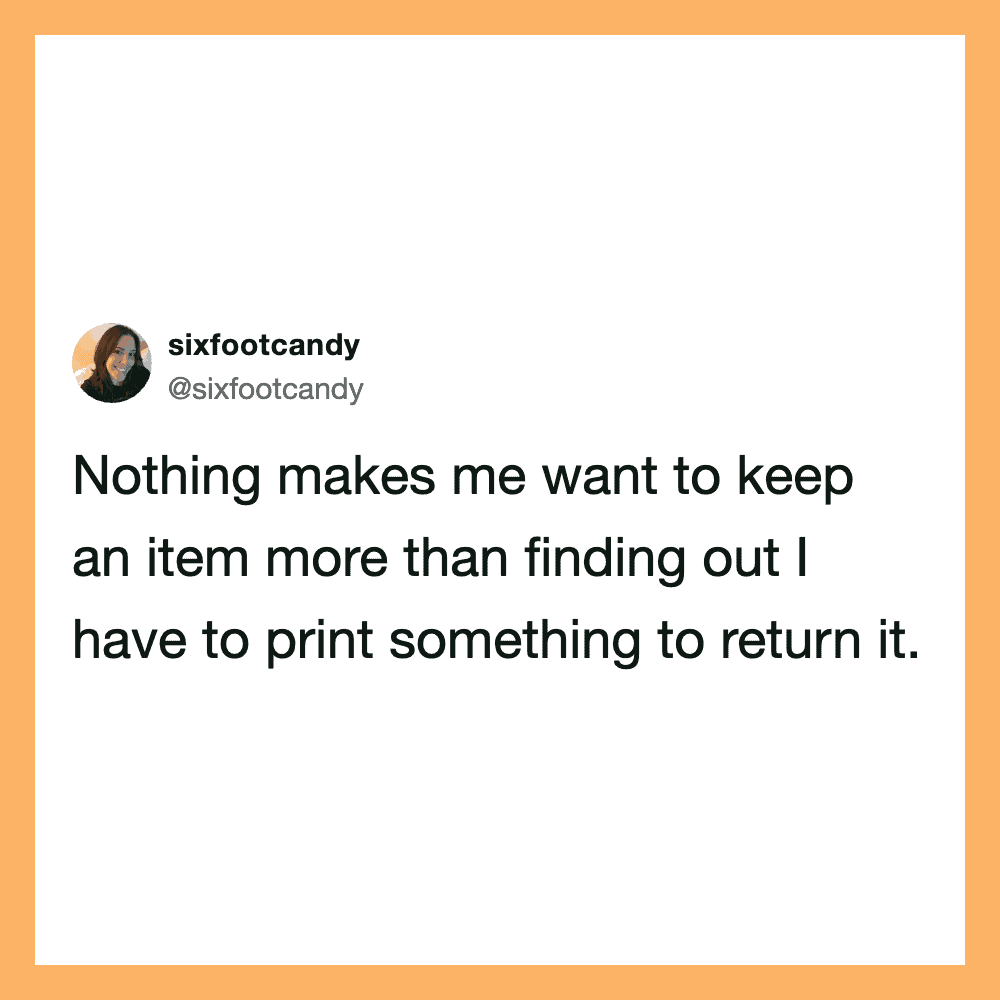 Twitter post by sixfootcandy about returning printed items.