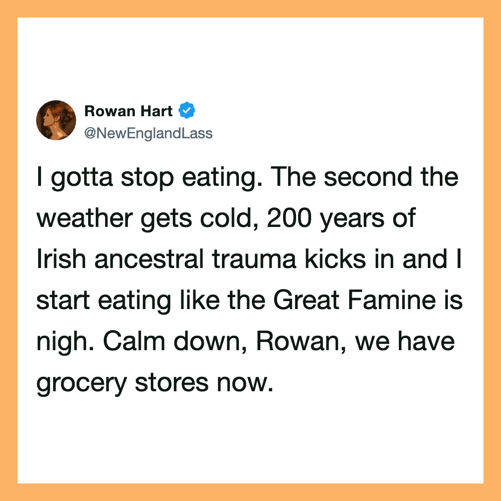Rowan Hart's tweet about Irish trauma and grocery stores.