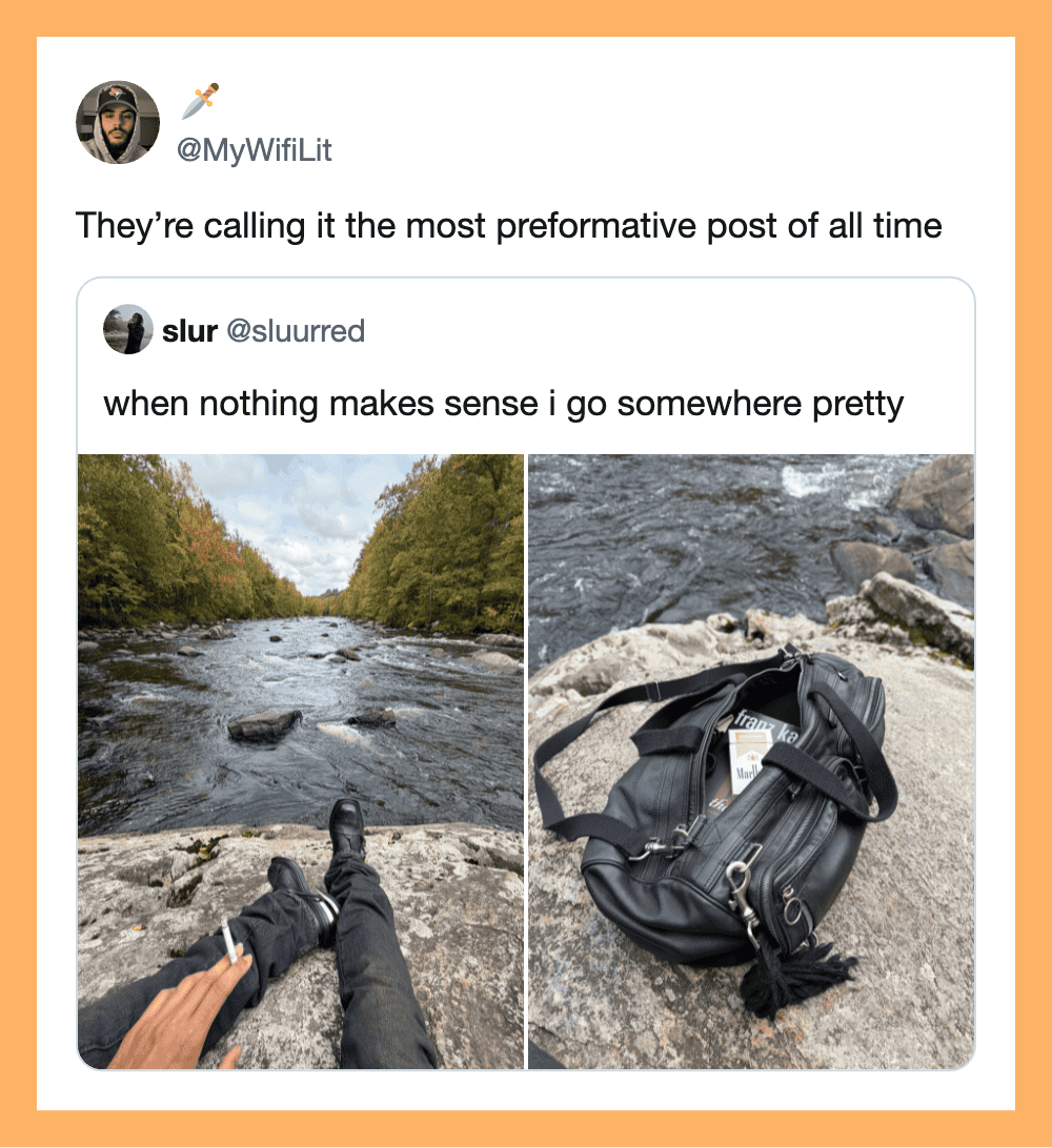 Two photos of a river scene, one with a person sitting on a rock and the other with a backpack on a岩.
